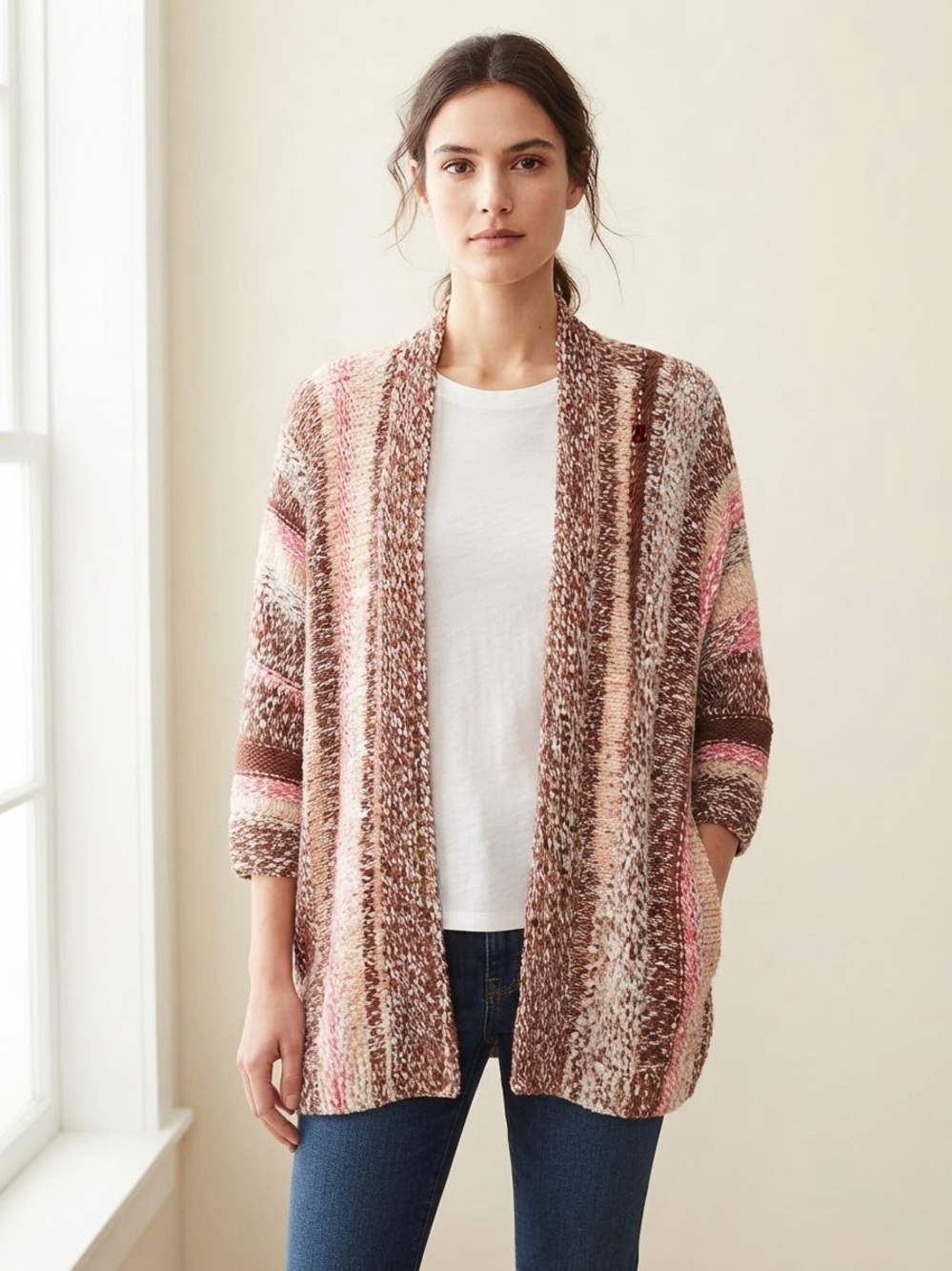 J. Jill Striped Open-Front Cardigan in Brown and Pink